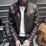 2019 Spring and Autumn Motorcycle Leather Jacket Men's Synthetic Leather Jacket Solid Color Slim Collar Zipper Fashion Coat