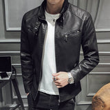 2019 Spring and Autumn Motorcycle Leather Jacket Men's Synthetic Leather Jacket Solid Color Slim Collar Zipper Fashion Coat