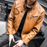 2019 Spring and Autumn Motorcycle Leather Jacket Men's Synthetic Leather Jacket Solid Color Slim Collar Zipper Fashion Coat