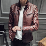 2019 Spring and Autumn Motorcycle Leather Jacket Men's Synthetic Leather Jacket Solid Color Slim Collar Zipper Fashion Coat