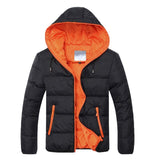 Men down coat basic Winter Warm coat Hooded Long Sleeve Zipper Pocket Coat Casual male Jacket Black+Orange