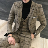( Jackets + Vest + Pants ) Groom Wedding Dress Plaid Formal Suits Set Men Fashion Boutique Wool Casual Business Suit Three-piece