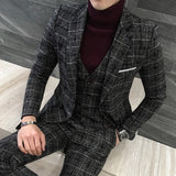 ( Jackets + Vest + Pants ) Groom Wedding Dress Plaid Formal Suits Set Men Fashion Boutique Wool Casual Business Suit Three-piece